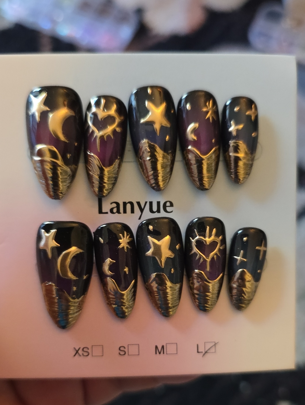 Black & Gold Celestial Press-On Nail Set Large
